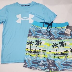 Under Armour Blue Swim Shirt and Hurley Multicolor Swim Trunks Set